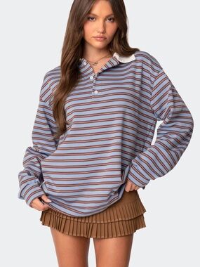 Edikted Light Blue & Brown Striped Rugby Polo Sweatshirt